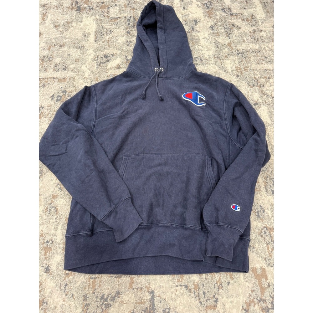 Champion Reverse Weave Hoodie Navy Blue Big C Logo Mens Large Sweatshirt 1719